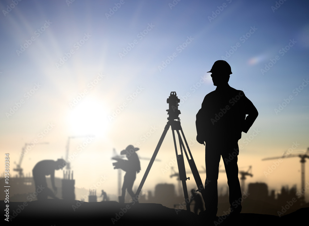 Silhouette Successful male engineer standing survey work on cons - obrazy, fototapety, plakaty 