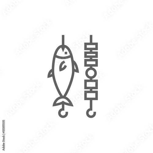 Shish kebab and grilled fish line icon.