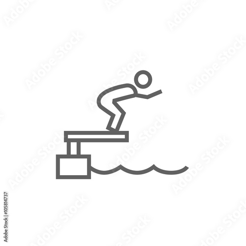 Swimmer jumping from starting block in pool line icon.