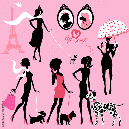 Set of black silhouettes of fashionable girls with their pets -