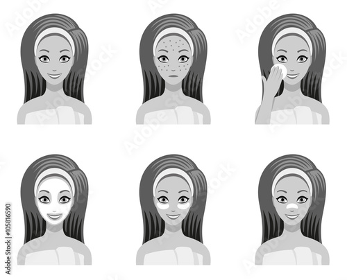 A set of female faces with masks for the care, nutrition, rejuvenation person, beauty spa treatments the eye area, acne pimples, cleansing strips nose, clear skin, icons black white vector isolated