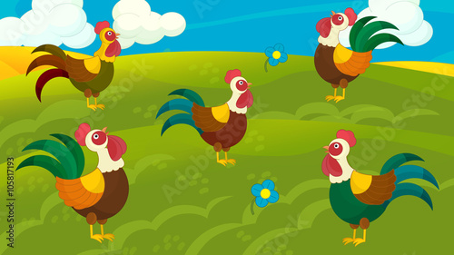 Cartoon scene with roosters on pasture - illustration for children