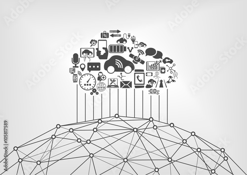 Connected car and internet of things infographic concept. Driverless cars connected to the world wide web.