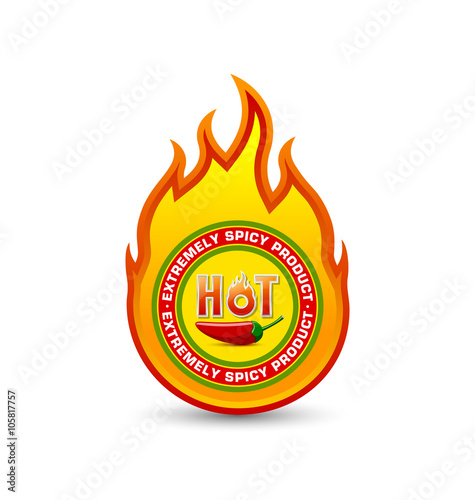 Extremely spicy product fire shaped badge with red chilli pepper and lettering HOT