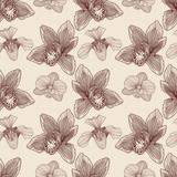 Orchid engraving seamless pattern on beige background