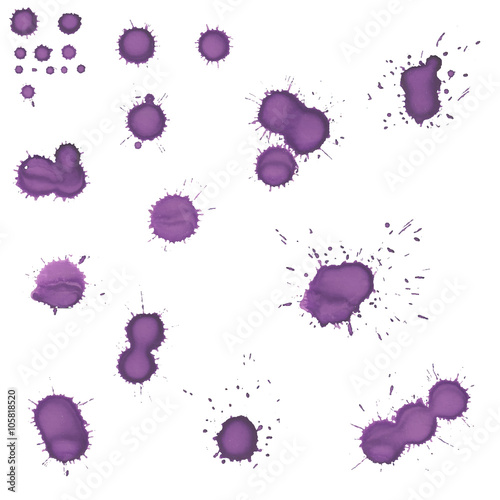 Set of purple ink blots on white background. Every blot is arran