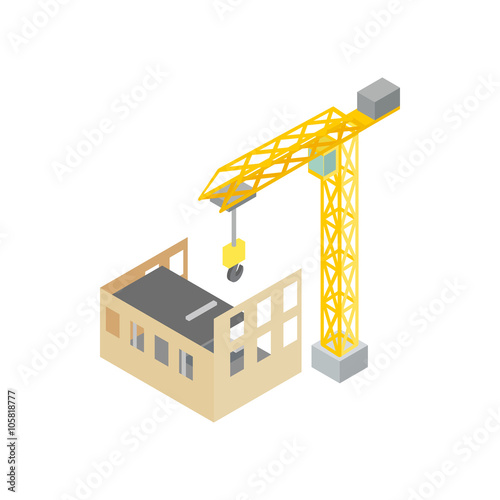Construction of house with tower crane icon, isometric 3d style