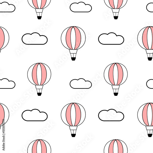 black white pink seamless vector pattern background illustration with cute cartoon air balloon