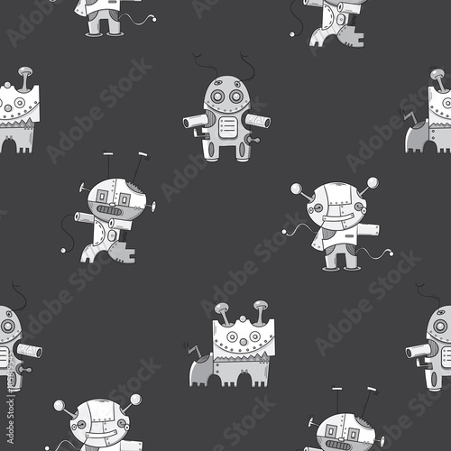 Vector seamless pattern with cute  cartoon robots  on gray  background.