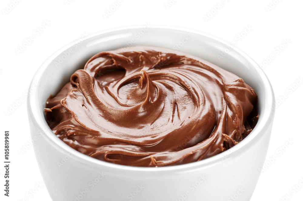 Bowl with chocolate butter isolated on white background.