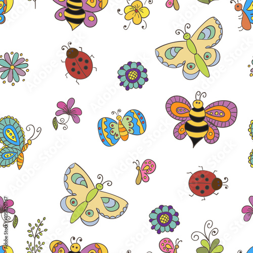 Seamless pattern with doodle butterflies an bees
