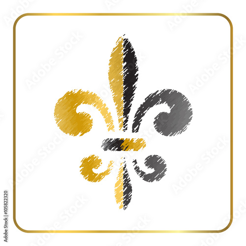 Golden fleur-de-lis heraldic emblem. Gold and gray grunge sign isolated on white background. Design lily insignia element. French fleur de lis royal lily. Elegant decoration symbol Vector Illustration