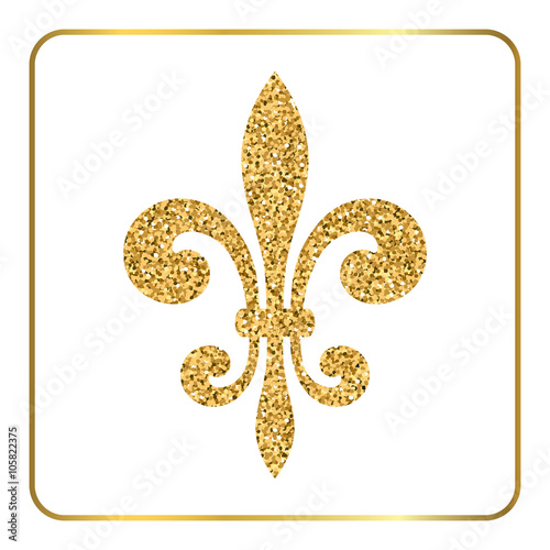 Golden fleur-de-lis heraldic emblem. Gold glitter sign isolated on white background. Design lily insignia element. Glowing french fleur de lis royal lily. Elegant decoration symbol Vector Illustration