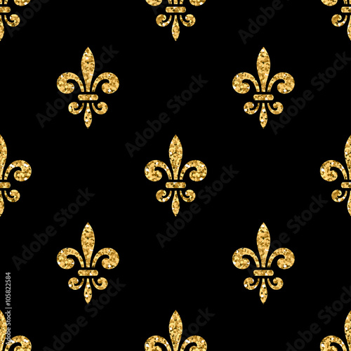 Golden fleur-de-lis seamless pattern. Gold glitter and black template. Floral texture. Glowing fleur de lis royal lily. Design vintage for card, wallpaper, wrapping, textile, etc. Vector Illustration.