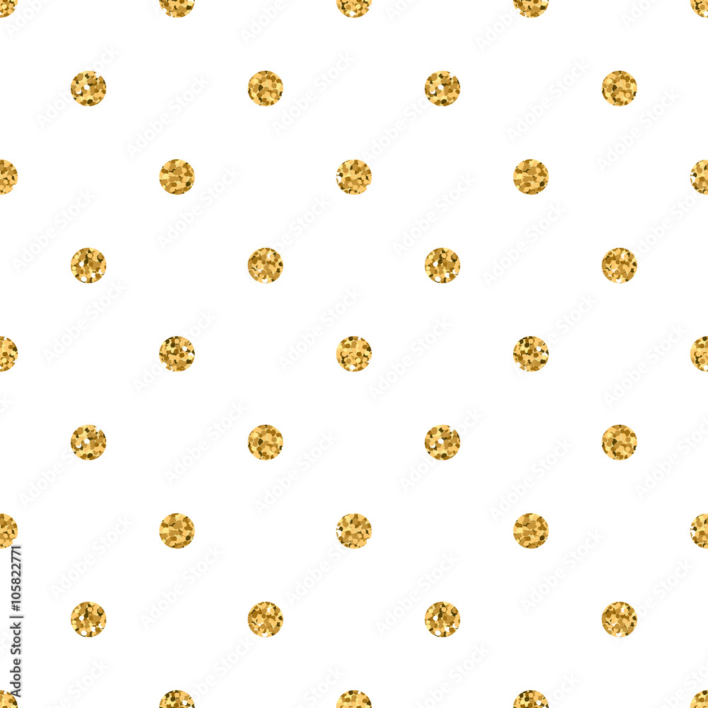 Polka dots seamless pattern. Gold glitter and white template. Abstract