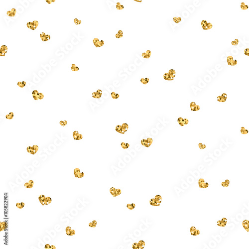 Golden hearts seamless pattern. Gold glitter and white template. Abstract geometric texture. Retro. Valentine day Design template for card, wallpaper, wrapping, textile, fabric etc Vector Illustration