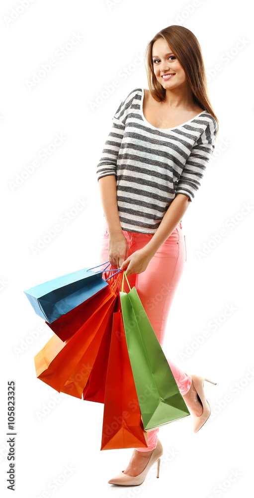 Young pretty woman with shopping packages isolated on white Young pretty woman with shopping packages isolated on white