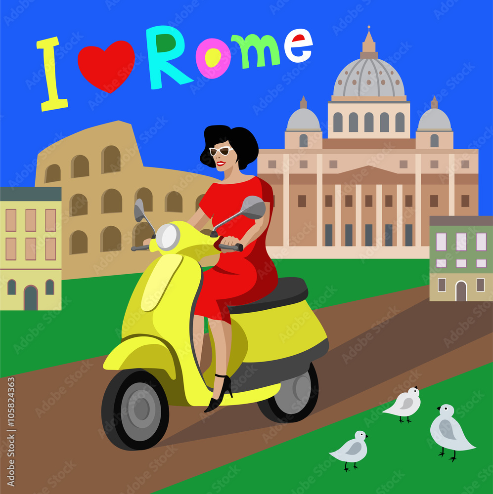 Beautiful woman riding scooter in the city Rome, Italy. Quote I love Rome. Vector illustration