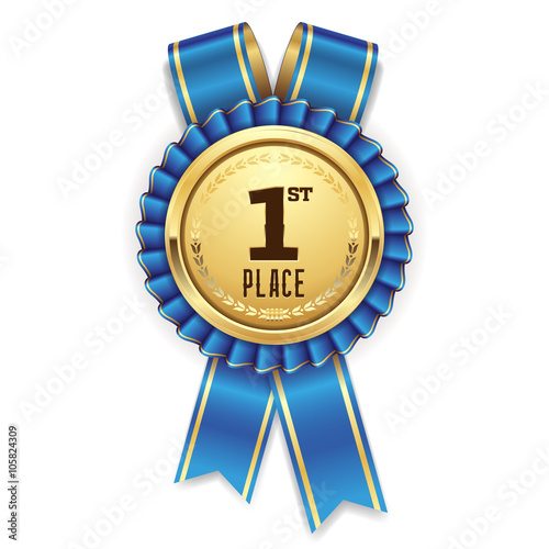 Gold 1st place rosette, badge with blue ribbon on white background 