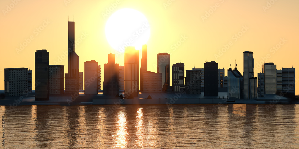 Fototapeta premium the stylized city of metropolis at sunsetd sea 3D render