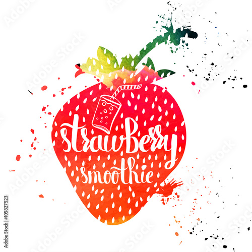 Colorful watercolor print of the ornament in the silhouette of vegetarian berries. Sweet strawberry smoothie. Vector