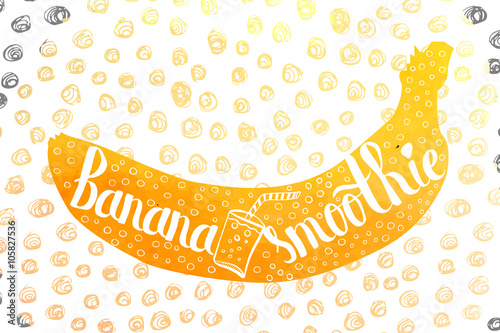 Colorful watercolor print of the pattern on the silhouette of a vegetarian fruit. Nutritious banana smoothie. Vector