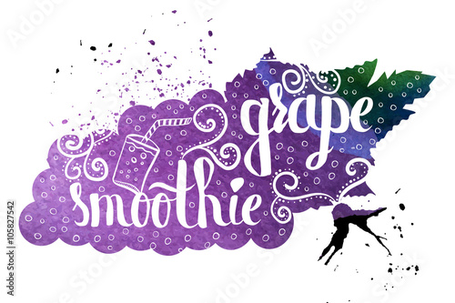 Colorful watercolor print of the pattern on the silhouette of a vegetarian fruit. Grape nutritious smoothie. Vector