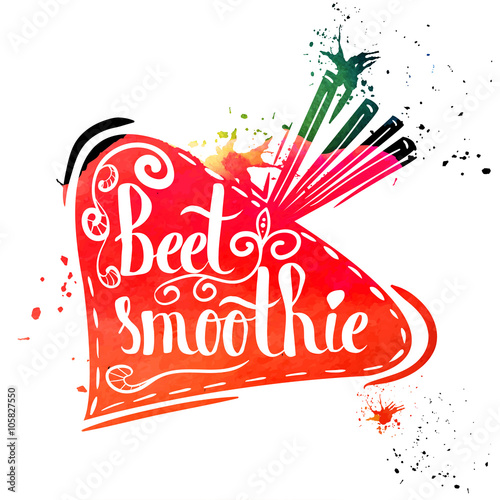 Colorful watercolor print of the ornament in the silhouette of vegetarian vegetable beet. Beet diet smoothies. Vector
