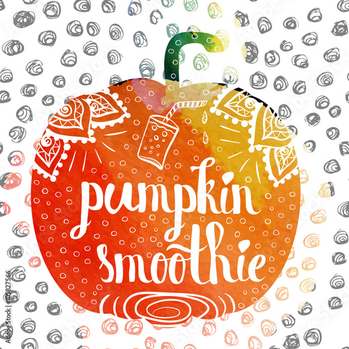 Colorful watercolor print of the ornament in the silhouette of vegetarian vegetable pumpkin. Pumpkin diet smoothies. Vector