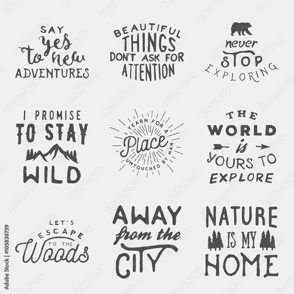 set of hand drawn wilderness, exploration quotes. artworks for wilderness set of hand drawn wilderness, exploration quotes. artworks for wilderness