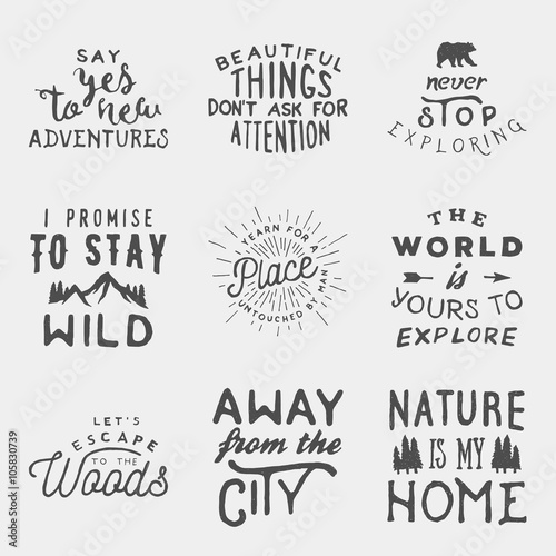 set of hand drawn wilderness, exploration quotes. artworks for wilderness