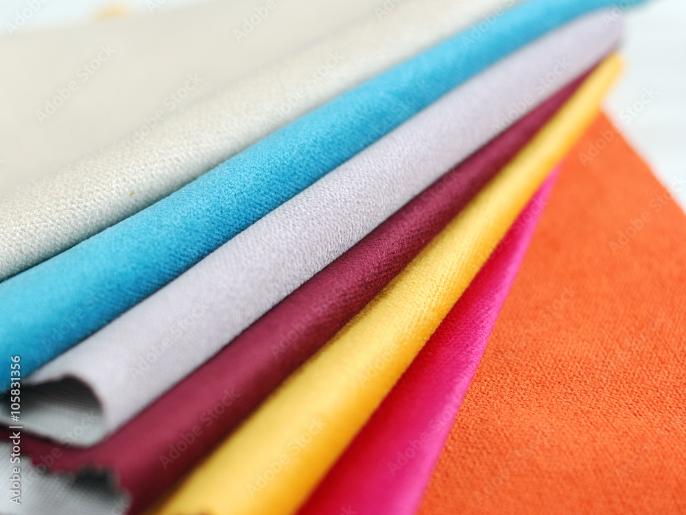 Fototapeta premium Bright collection of colorful velour textile samples. Fabric texture background