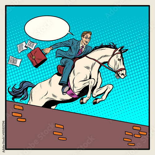 Businessman horseman on horse jumps over barrier