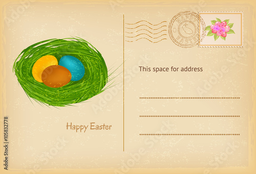 Easter postcard in vintage style with easter eggs and grass nest. Happy easter celebration greetings card. Vector illustration.