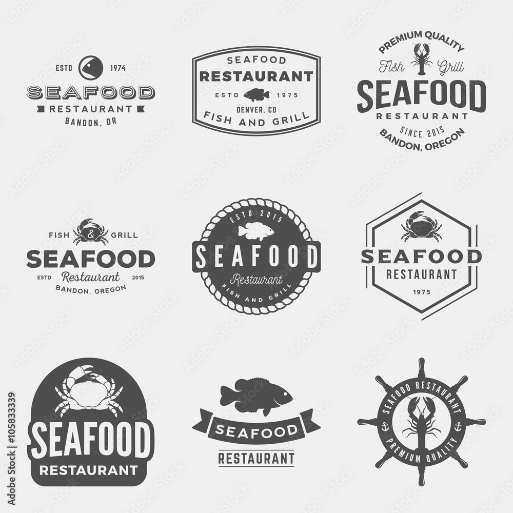 vector set of seafood restaurant vintage logos, emblems, silhouettes