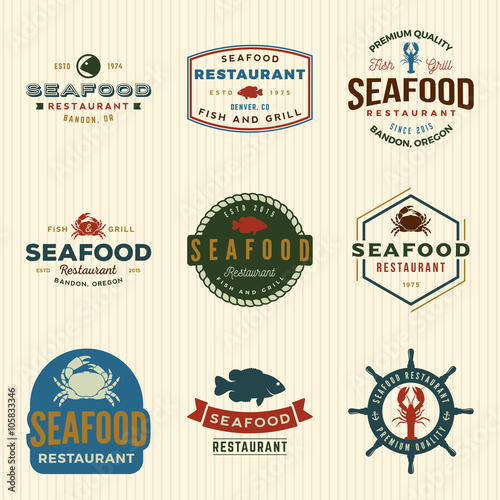 vector set of seafood restaurant vintage logos, emblems, silhouettes