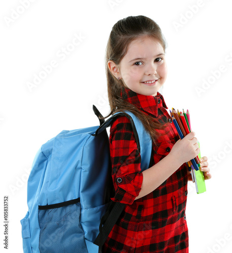 Little girl with blue back ...
