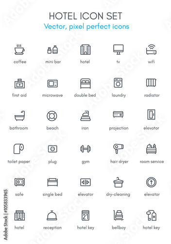 Hotel line icon set. Pixel perfect fully editable vector icon suitable for websites, info graphics and print media.