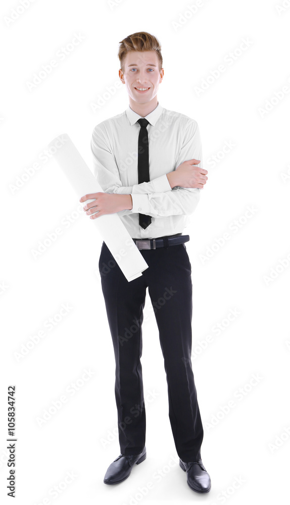 Professional engineer with blueprint, isolated on white Professional engineer with blueprint, isolated on white