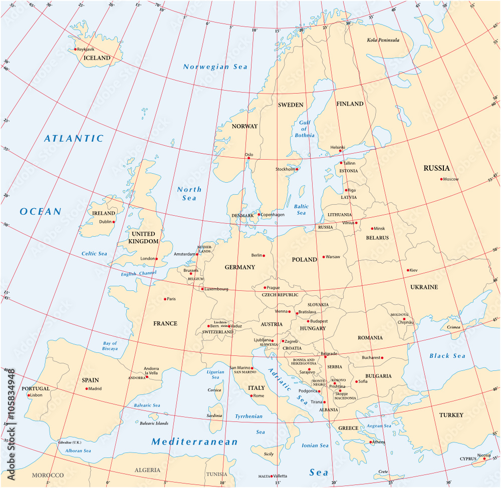 europe administrative and political map with coordinates