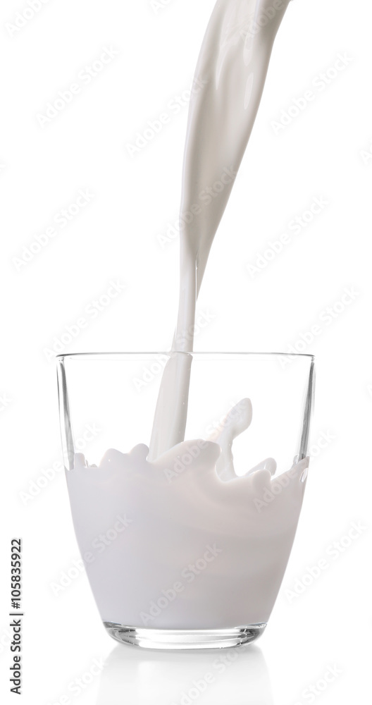 Pouring milk in glass, isolated on white Pouring milk in glass, isolated on white