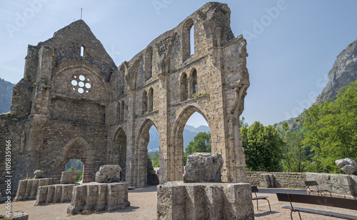 Abbey of Saint Jean d'Aulps , France - an area of two hectares with the remains of the abbey church , considered a jewel of Cistercian art , a medieval garden with medicinal plants and a museum. photo