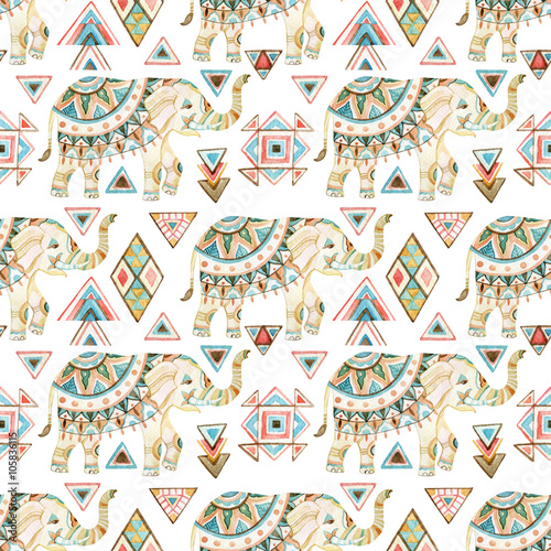 Indian elephant watercolor seamless pattern