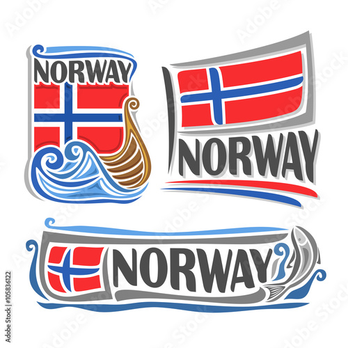 Vector illustration of the logo for Norway, consisting of 3 isolated illustrations: norwegian flag over the boat on the waves, horizontal symbol of Norway and the flag on background of the fish