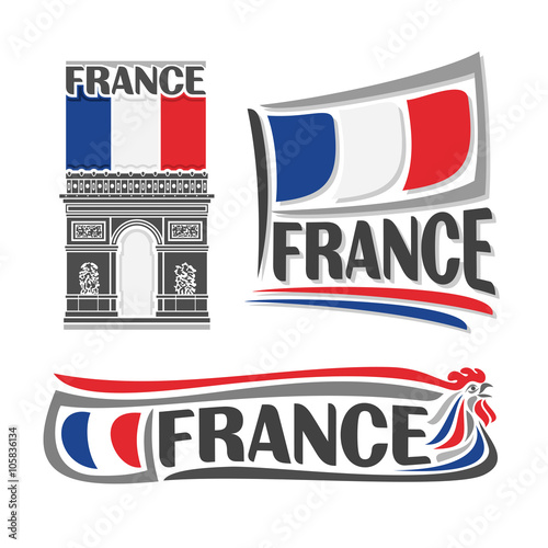 Vector illustration of the logo for France, consisting of 3 isolated illustrations: french flag on the Arc de Triomphe, horizontal symbol of France and the flag on background of Gallic rooster