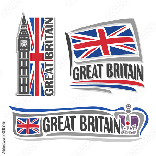 Vector illustration logo for Great Britain, consisting of 3 isolated illustrations: vertical flag image with Big Ben, horizontal symbol of United Kingdom and the flag on background of British crown