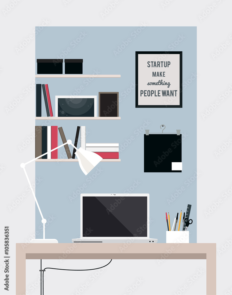 Flat home office interior illustration with desktop Flat home office interior illustration with desktop