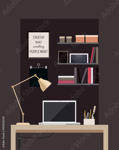 Flat home office interior illustration with desktop