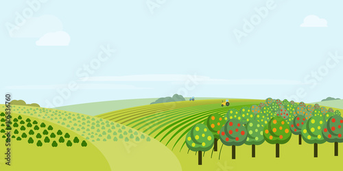 Absract farm field, green landscape raster illustration.