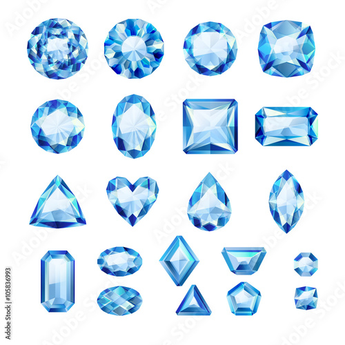 Set of realistic blue jewels. Sapphires isolated.